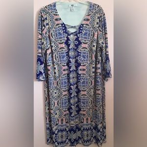 Wisp Womens 3/4 Sleeve blue cream Casual Dress Size 20